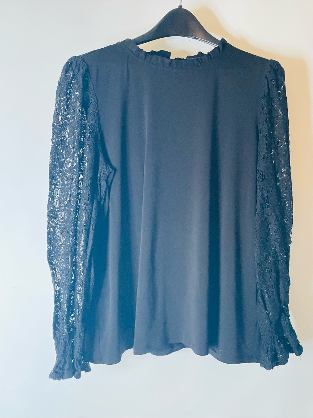 Adrianna Papell Black Lace Sleeve Ruffled Neck Blouse